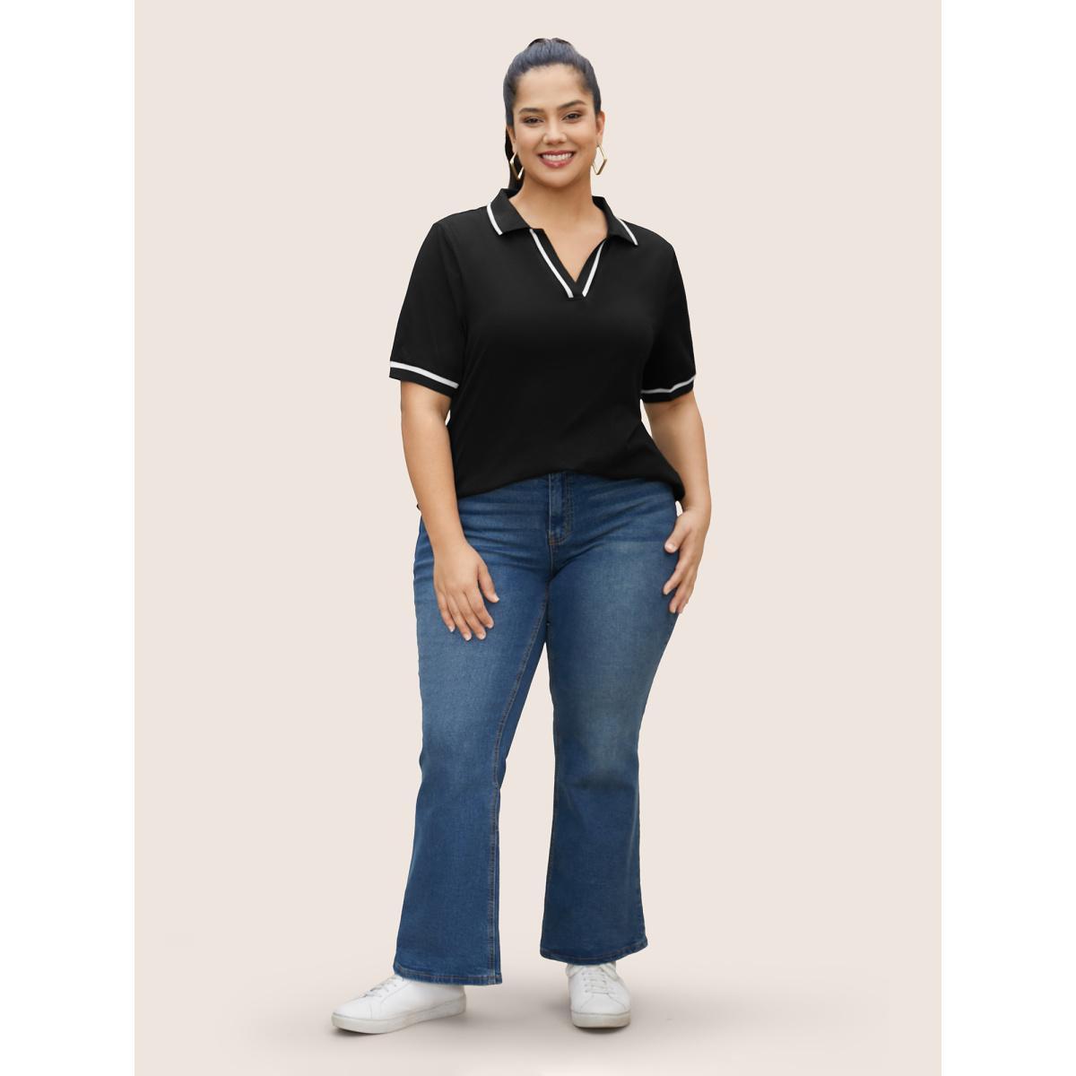 Plus Size Polo Neck Contrast Trim Short Sleeve T-shirt Black Women Casual Contrast Flat collar with V-notch Everyday T-shirts BloomChic 22-24/3X Product Image