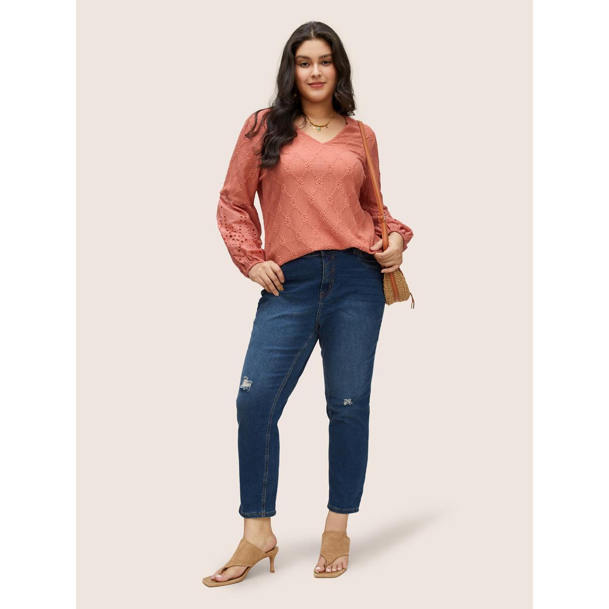 Plus Size Plain Texture Broderie Anglaise Patchwork T-shirt Salmon Women Resort Texture Plain V-neck Vacation T-shirts BloomChic 18-20/2X Product Image