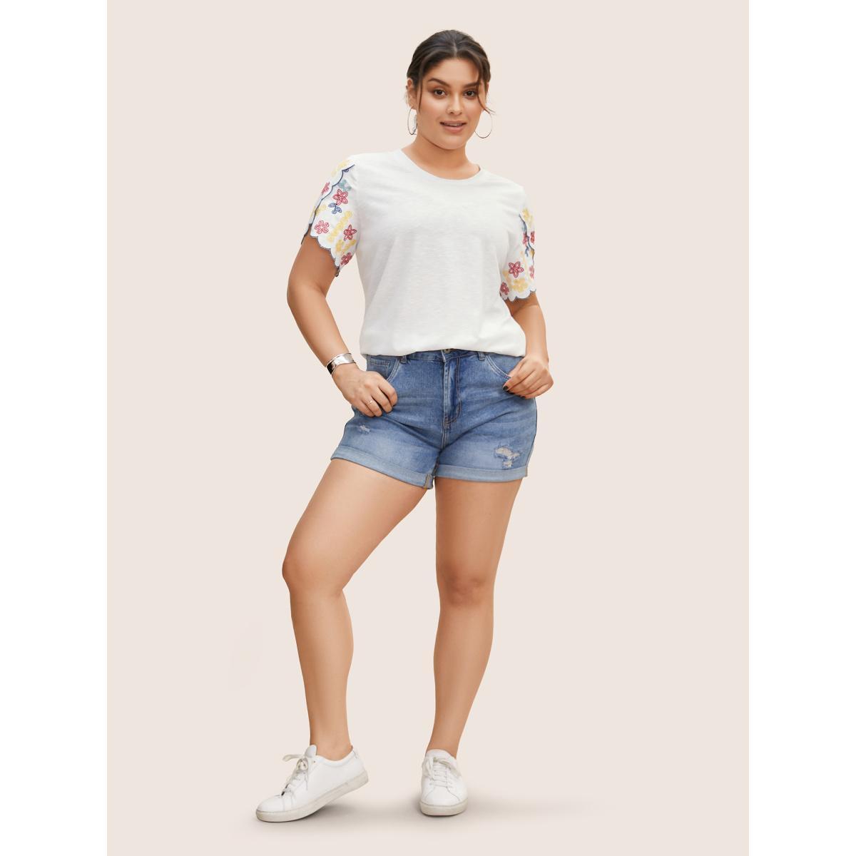 Plus Size Contrast Floral Embroidered Petal Sleeve T-shirt WhiteSmoke Women Casual Petal edge Round Neck Everyday T-shirts BloomChic 26/4X Product Image