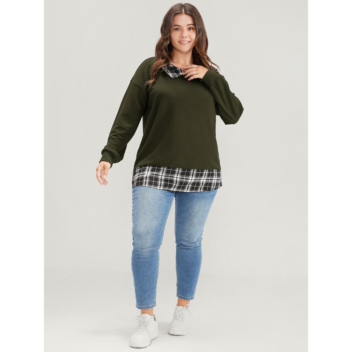 Plus Size Plaid Print Drop Shoulder 2-In-1 Sweatshirt Women ArmyGreen Casual Lapel Collar Dailywear Sweatshirts BloomChic 14-16/1X Product Image