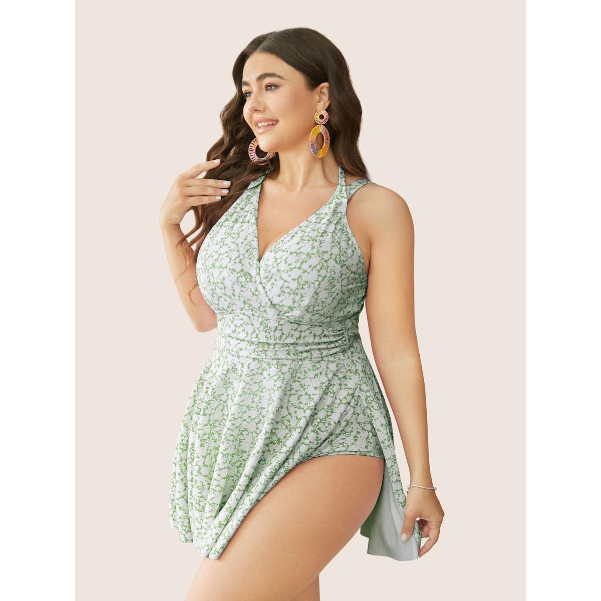 Plus Size Ditsy Floral Halter Neck Split Hem Swim Dress Women's Swimwear Mint Beach Bodycon V-neck High stretch Curve Swim Dresses BloomChic 12/L Product Image