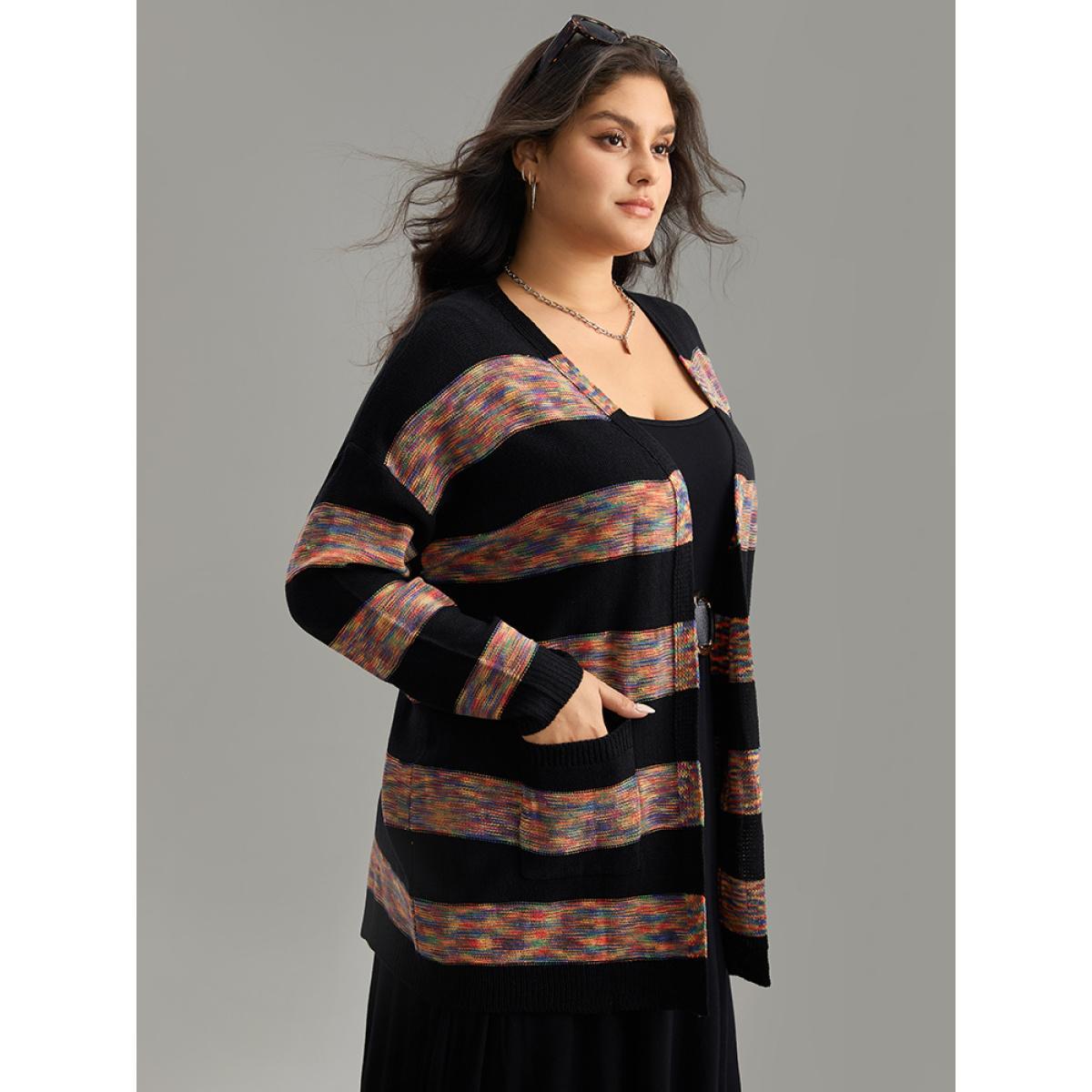 Plus Size Rainbow Contrast Open Front Cardigan Multicolor Women Casual Loose Long Sleeve Dailywear Cardigans BloomChic 26/4X Product Image