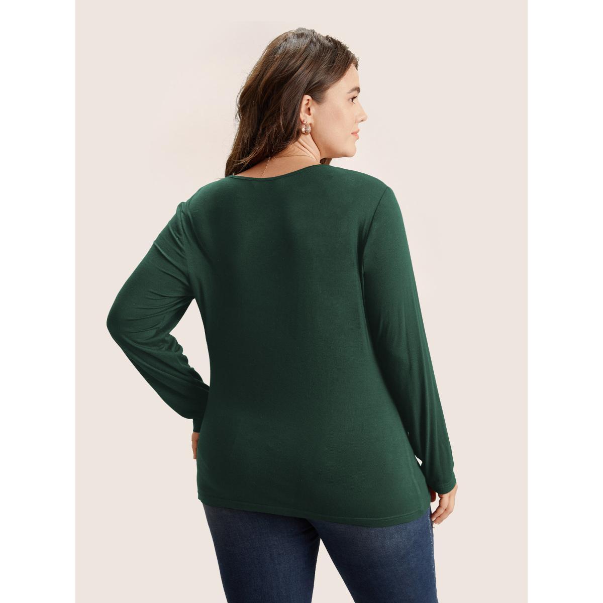 Plus Size Solid Asymmetrical Neck Knit T-shirt DarkGreen Women Elegant Non Plain Asymmetrical Neck Everyday T-shirts BloomChic 26/4X Product Image