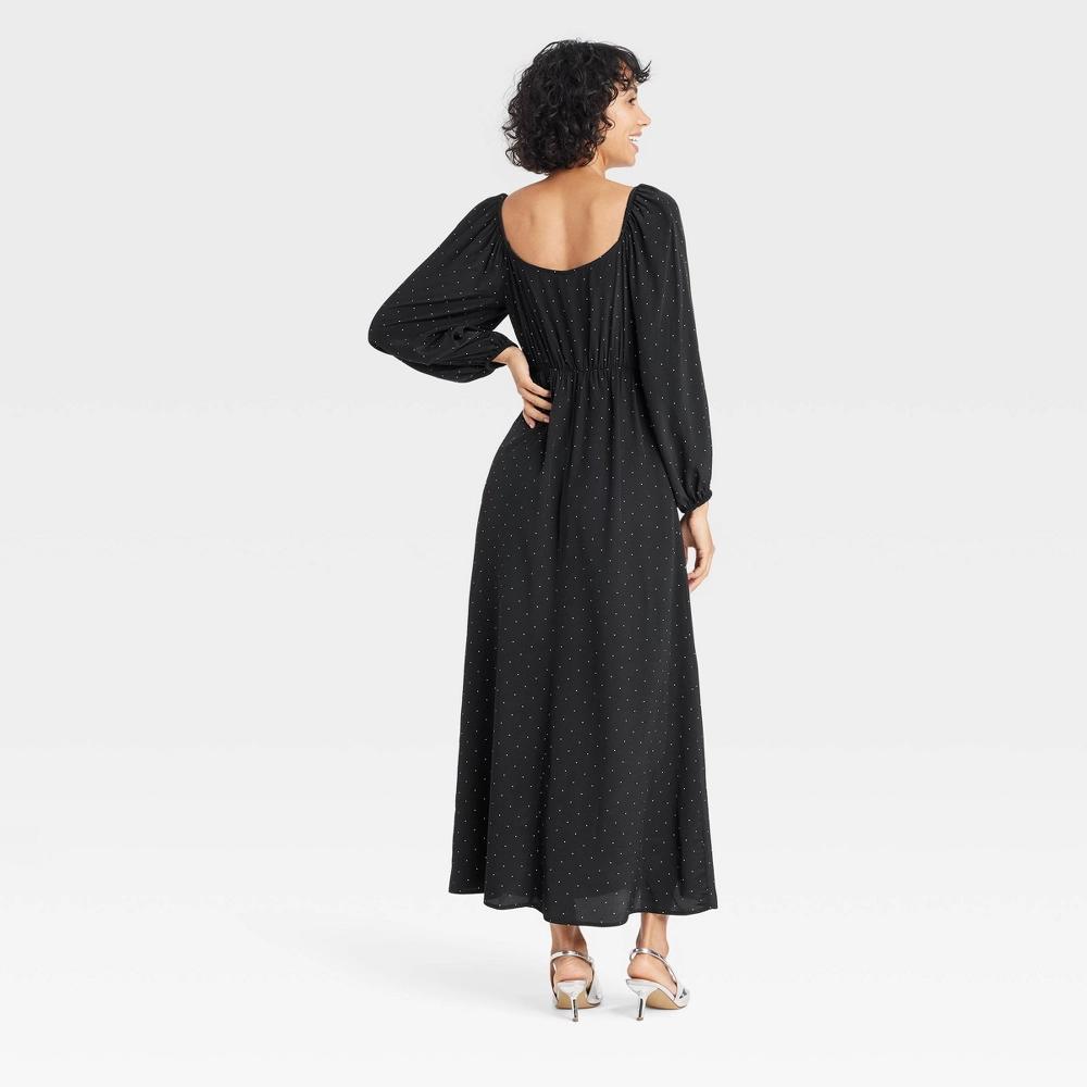 Women's Long Sleeve Crepe Maxi A-Line Dress - A New Day™ Black/White Polka Dots L: V Neck, Balloon Sleeve, Side Pocket Product Image