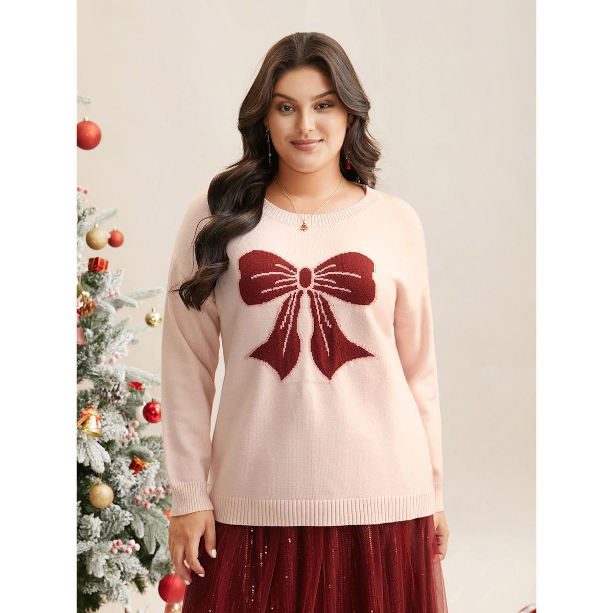 Plus Size Embroidered Bow Tie Drop Shoulder Pullover MistyRose Women Casual Loose Long Sleeve Round Neck Everyday Pullovers BloomChic 18-20/2X Product Image
