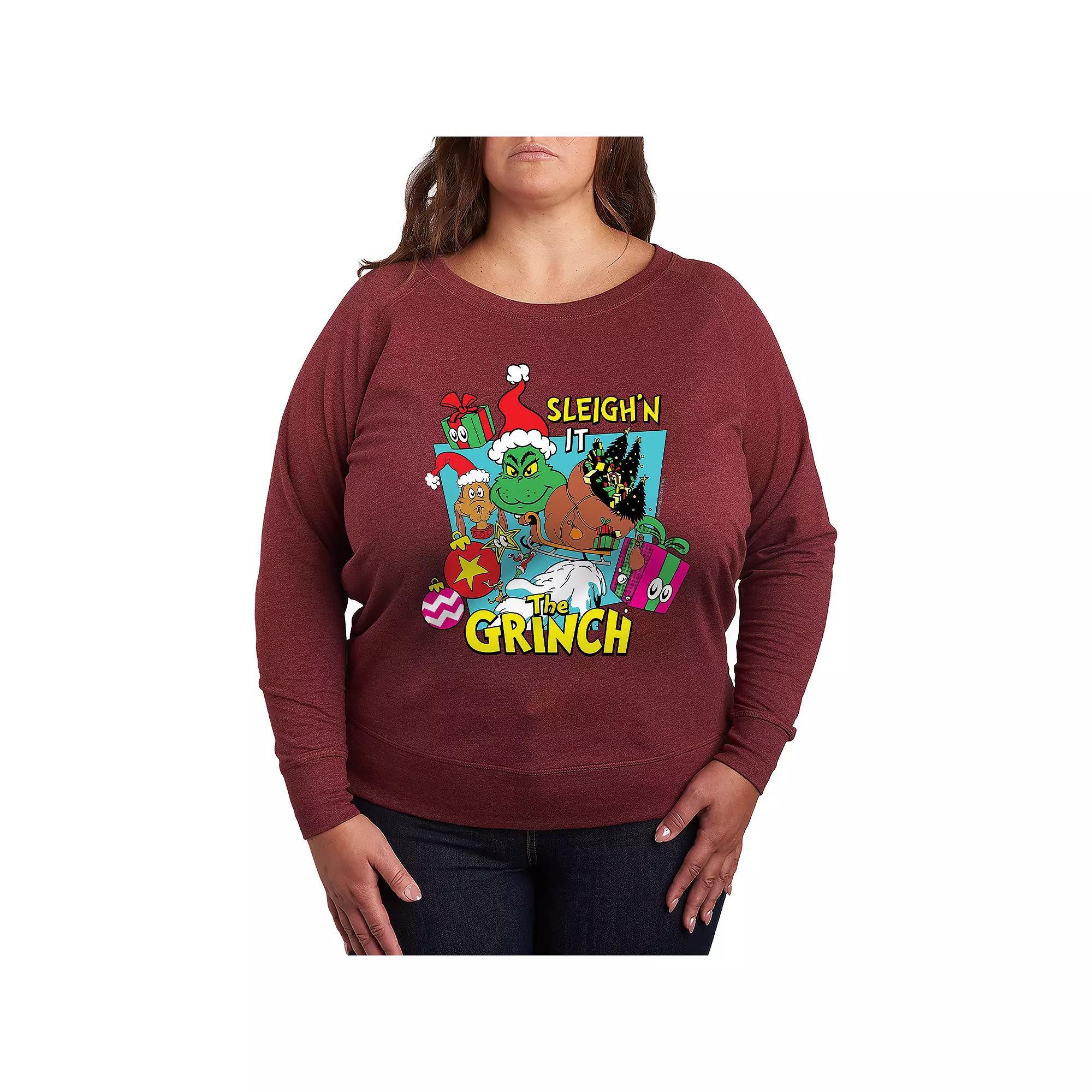 Plus Size Dr. Seuss The Grinch Sleighn It French Terry Long Sleeve Tee, Womens Grey Dark Red Product Image