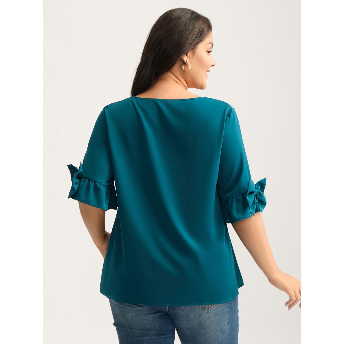 Plus Size Aegean Ruffled 3D Bow Detail Solid Blouse Women Half Sleeve V-neck Everyday-Casual Blouses BloomChic 14-16/1X Product Image
