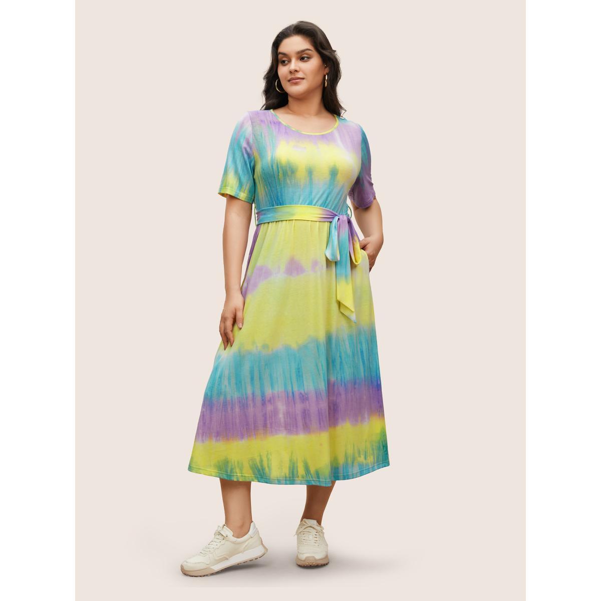 Plus Size Round Neck Tie Dye Belted Pocket Dress Multicolor Women Casual Belted Round Neck Short sleeve Curvy BloomChic 26/4X Product Image