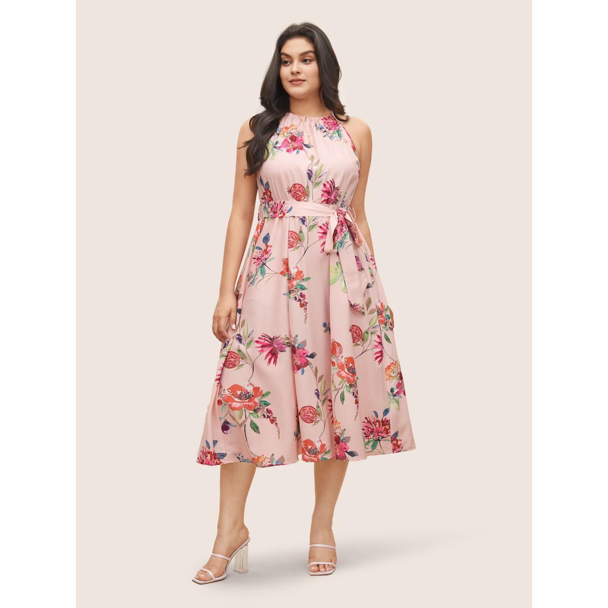 Plus Size Citrus Fruit Print Halter Belted Gathered Dress MistyRose Women Elegant Non Halter neck Sleeveless Curvy Midi Dress BloomChic 28/5X Product Image