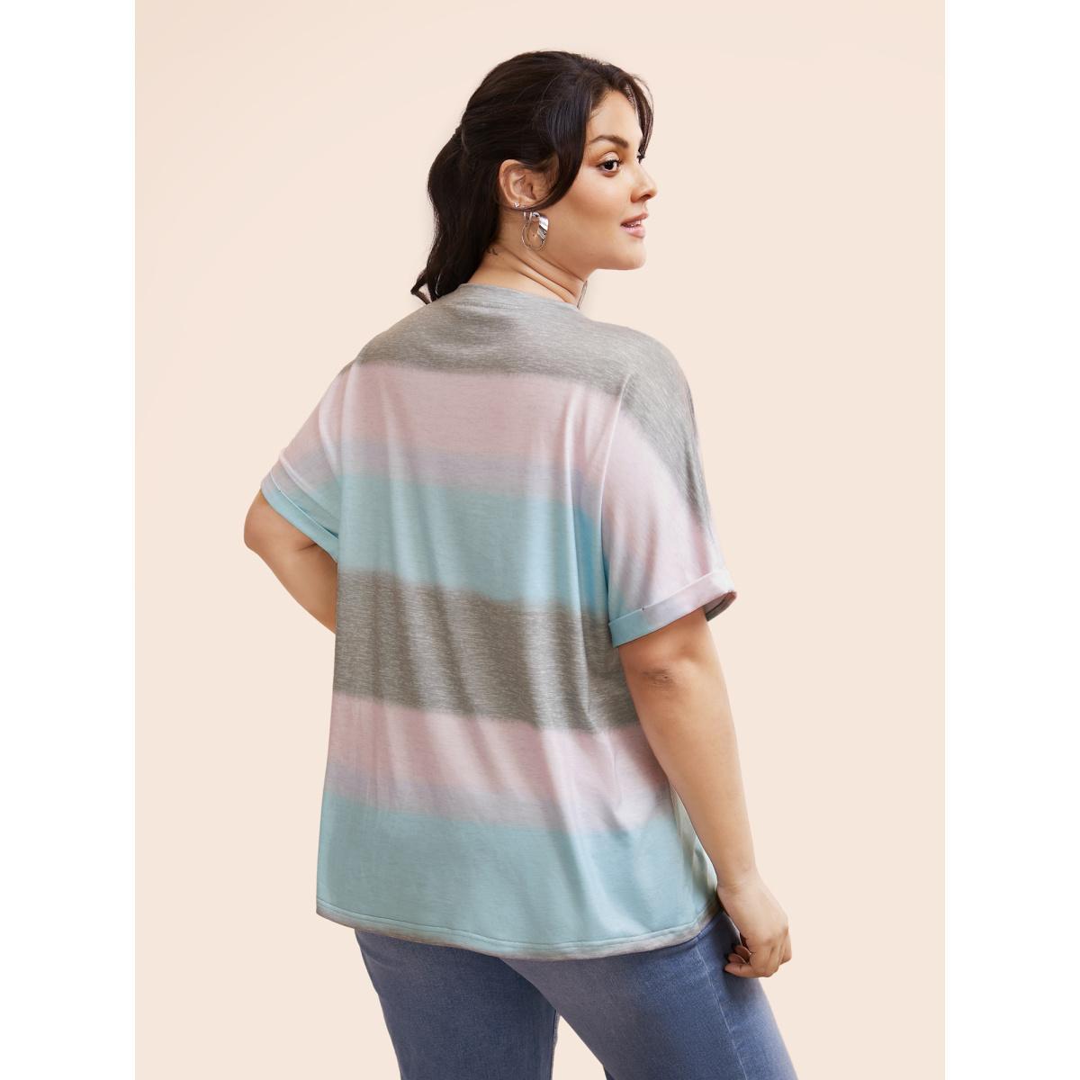 Plus Size Striped Contrast Roll Dolman Sleeve T-shirt Multicolor Women Casual Contrast Striped Round Neck Everyday T-shirts BloomChic 28/5X Product Image