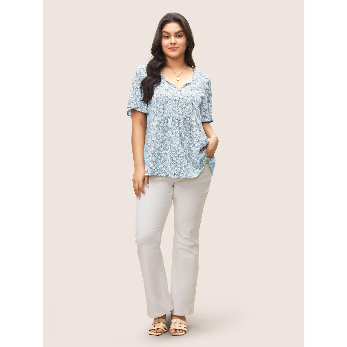 Plus Size LightBlue Ditsy Floral Ruffle Sleeve Gathered Ties Blouse Women Elegant Short sleeve Ribbon-tied collar Everyday Blouses BloomChic 30/6X Product Image