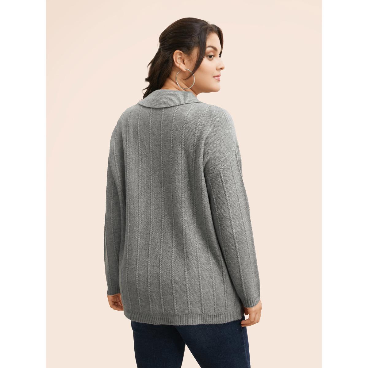 Plus Size Plain Textured Polo Neck Pocket Cardigan Mediumgray Women Casual Loose Long Sleeve Everyday Cardigans BloomChic 18-20/2X Product Image