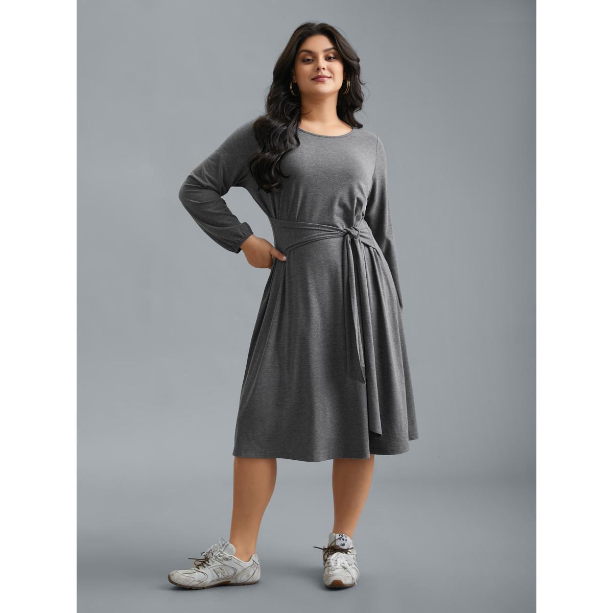 Plus Size Stretchy Waist-Tie Plain Knit Dress DimGray Women Casual Tie knot Knit Dresses Bloomchic 14-16/1X Product Image