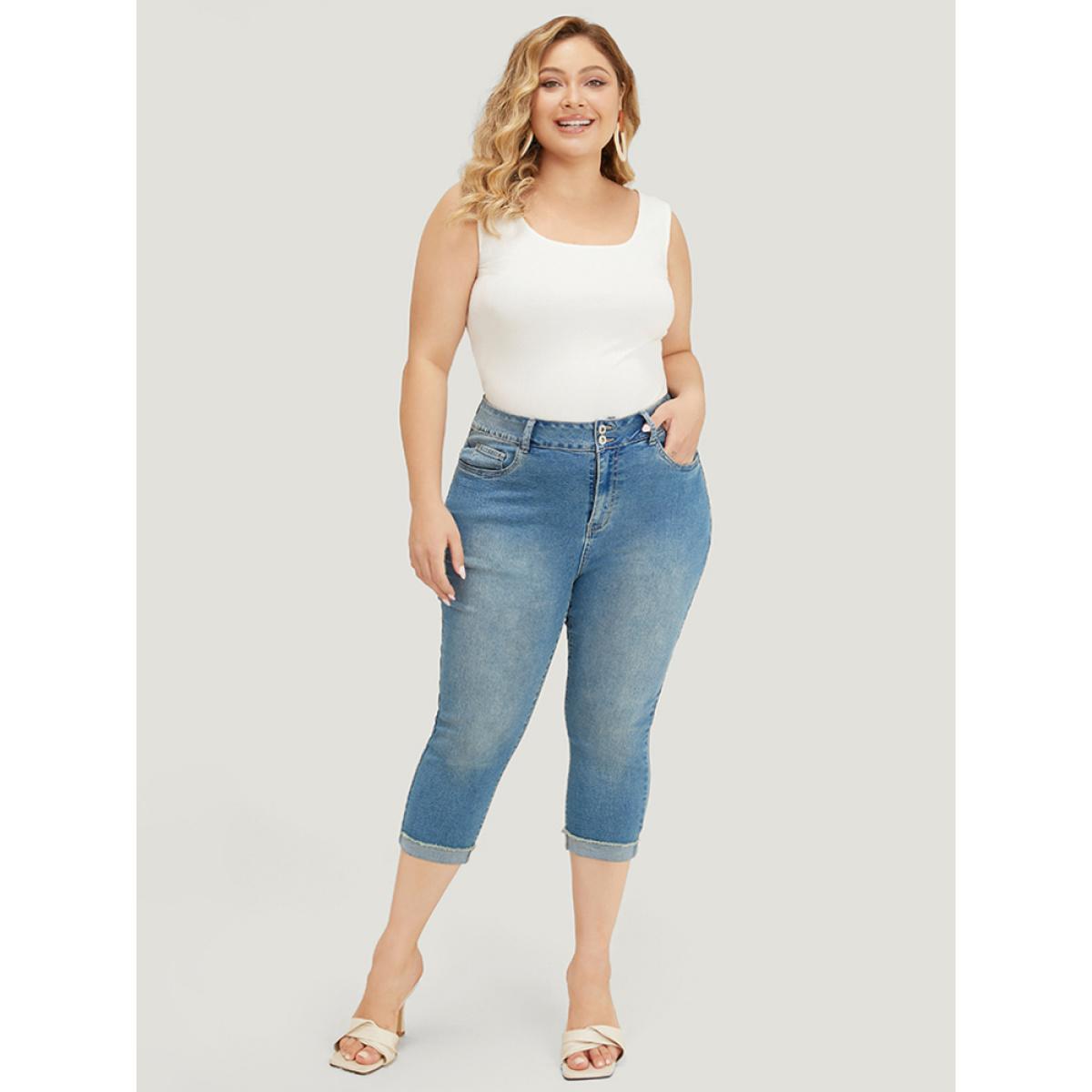 Plus Size Very Stretchy High Rise Medium Wash Roll Hem Cropped Jeans Women Cerulean Casual Plain High stretch Pocket Jeans BloomChic 12/L Product Image