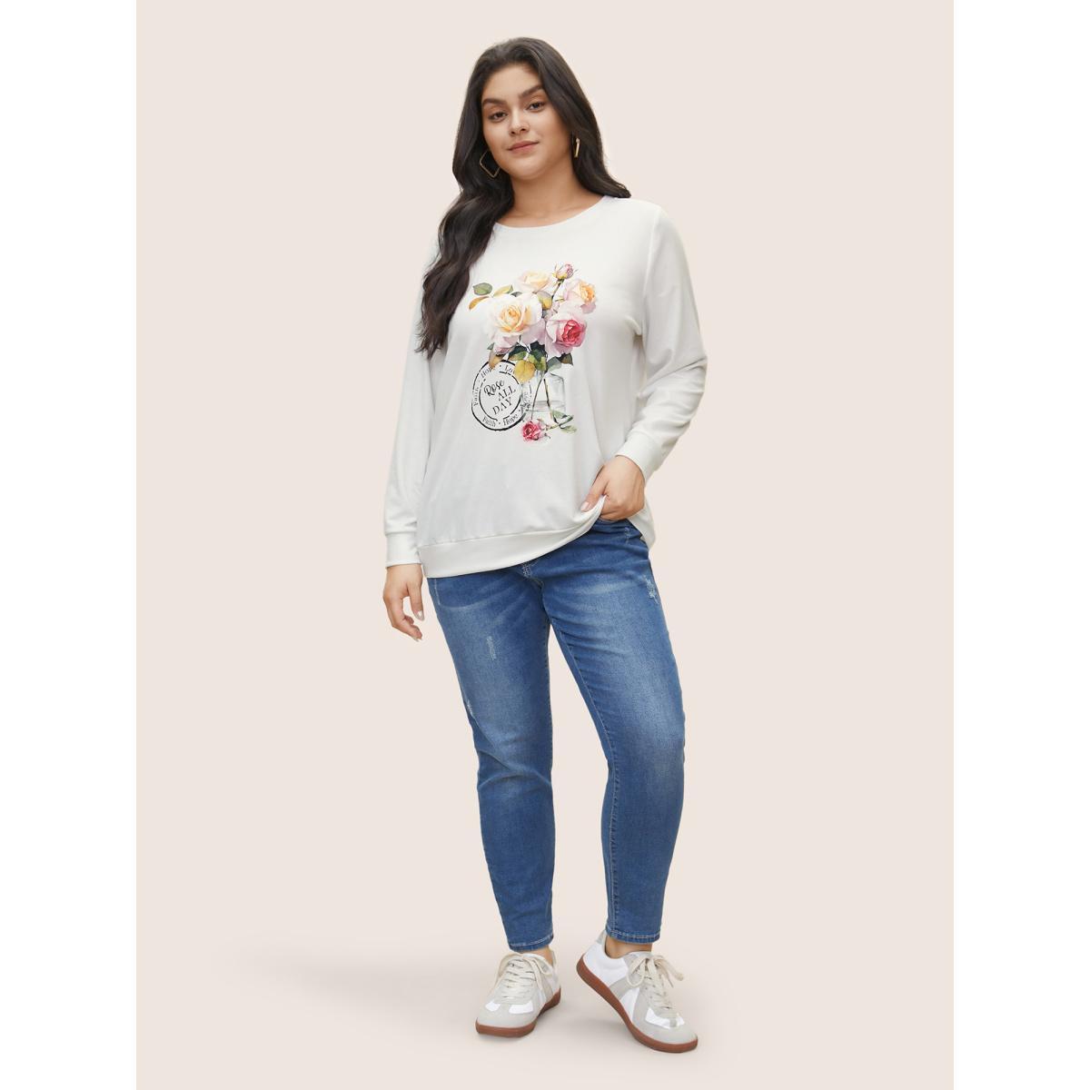 Plus Size Graphic Natural Floral Print Crew Neck Sweatshirt Women White Casual Non Everyday Sweatshirts BloomChic 26/4X Product Image