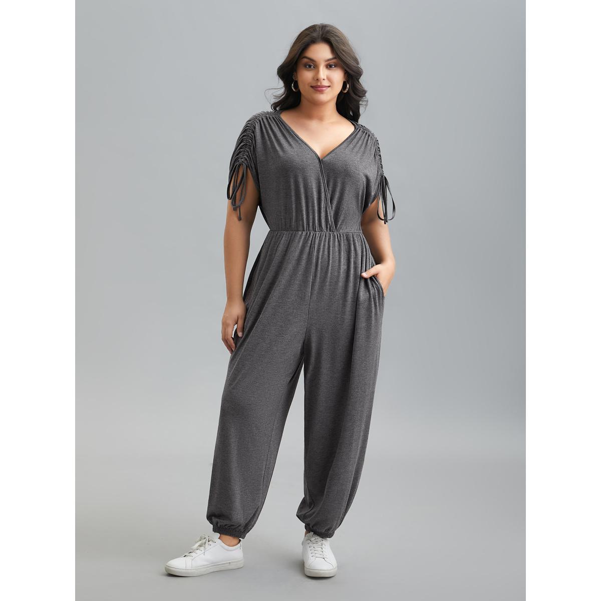 Plus Size DimGray Surplice Neck Drawstring Stretch Jumpsuit Women Casual Short sleeve Overlap Collar Everyday Loose Jumpsuits BloomChic 28/5X Product Image