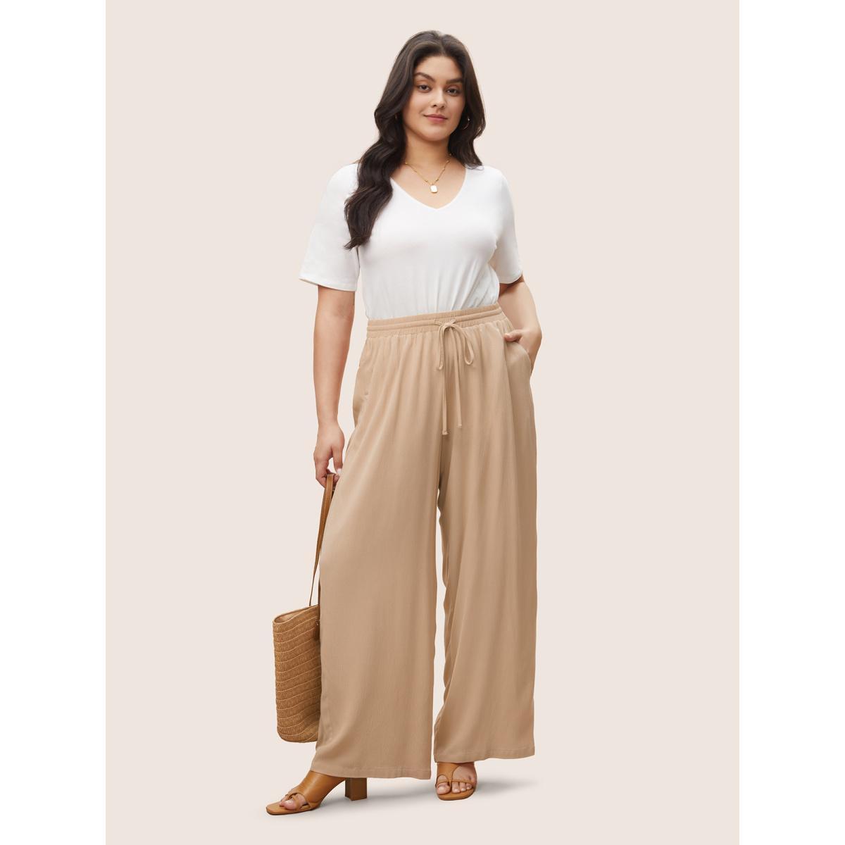 Plus Size Solid Texture Drawstring Rayon Wide Leg Pants Women LightBrown At the Office Wide Leg High Rise Work Pants BloomChic 10/M Product Image