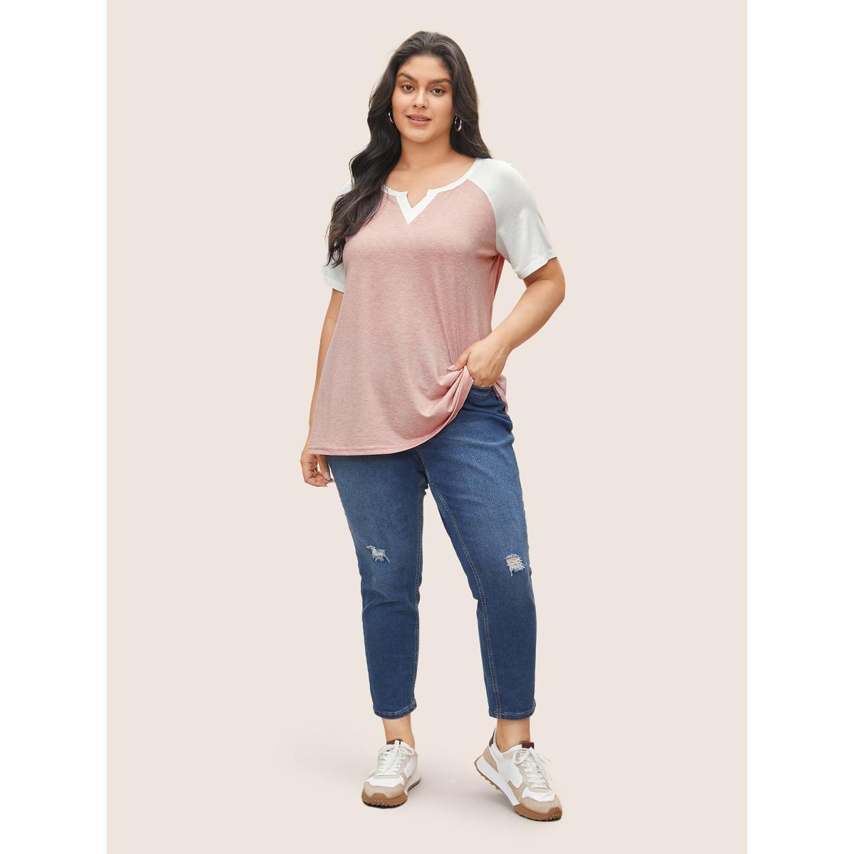 Plus Size Colorblock Contrast Notched Raglan Sleeve T-shirt Crepe Women Casual Plain Everyday T-shirts BloomChic 26/4X Product Image
