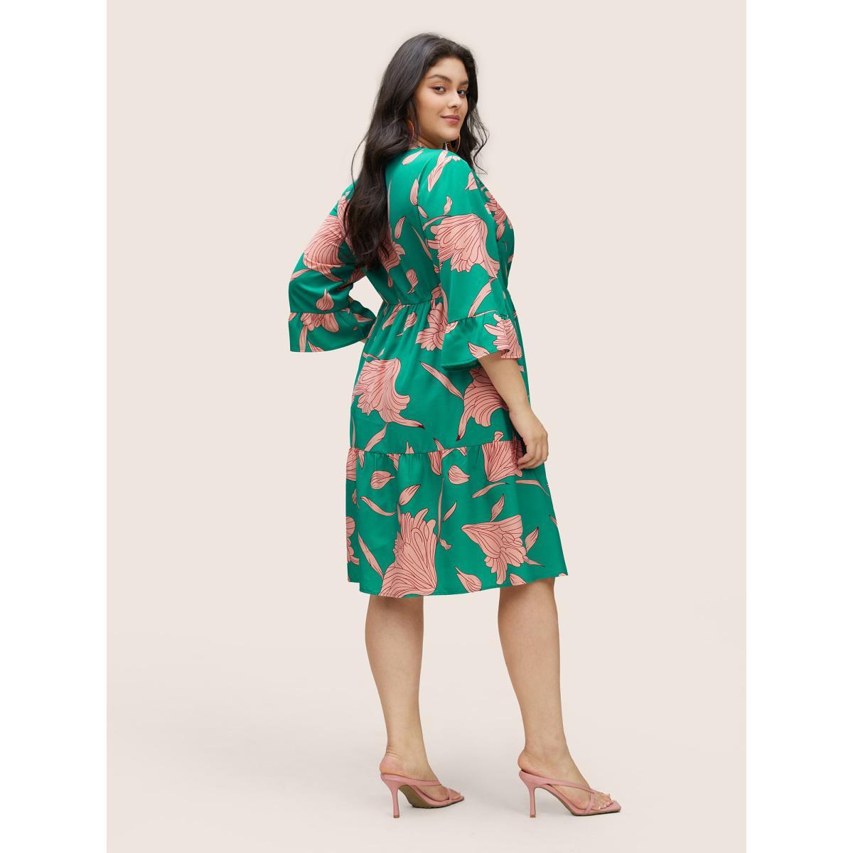 Plus Size Floral Notched Button Up Patchwork Ruffles Dress Green Women Elegant Non Notched collar Elbow-length sleeve Curvy Midi Dress BloomChic 22-24/3X Product Image