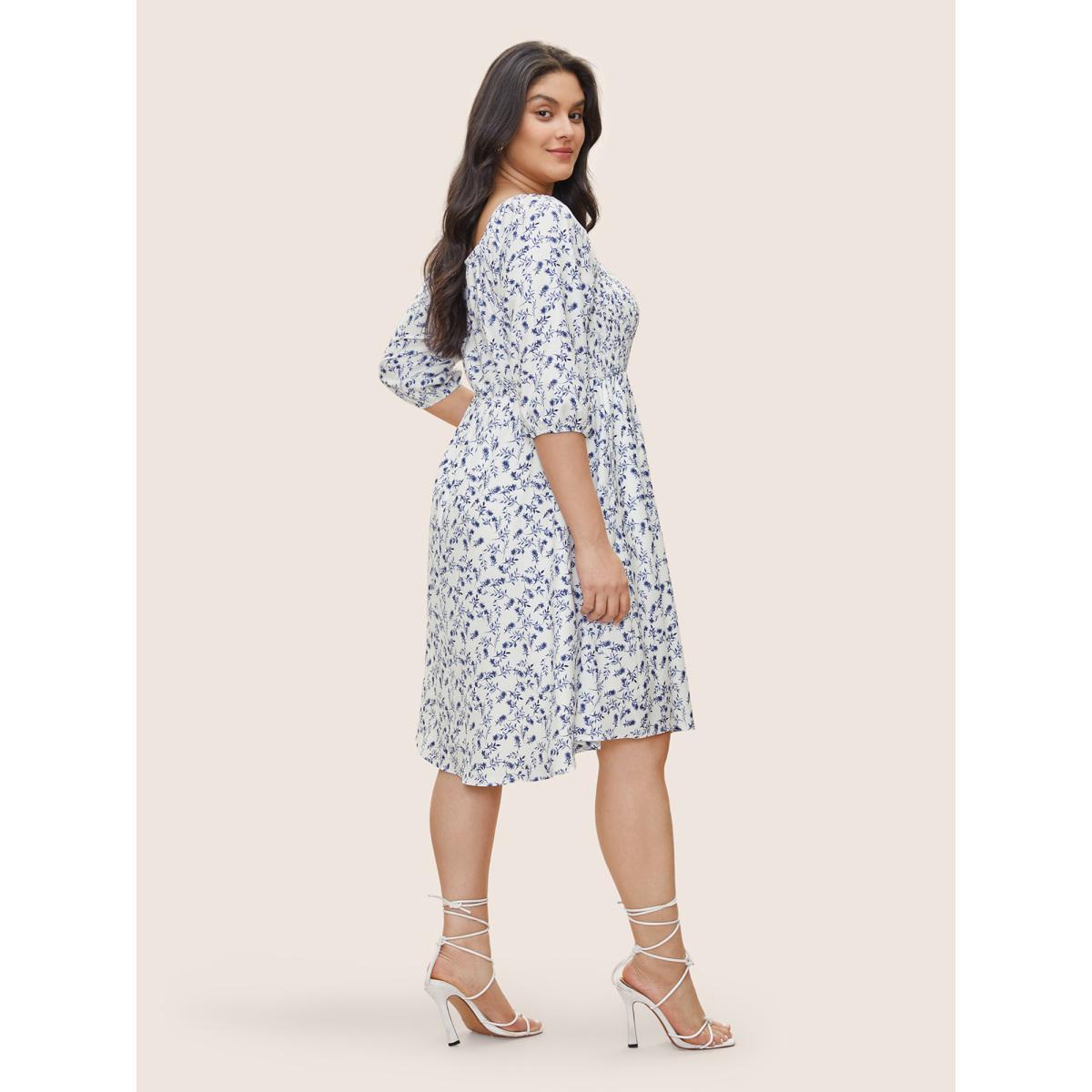 Plus Size Ditsy Floral Square Neck Shirred Lantern Sleeve Dress White Women Elegant Non Square Neck Elbow-length sleeve Curvy Midi Dress BloomChic 14-16/1X Product Image