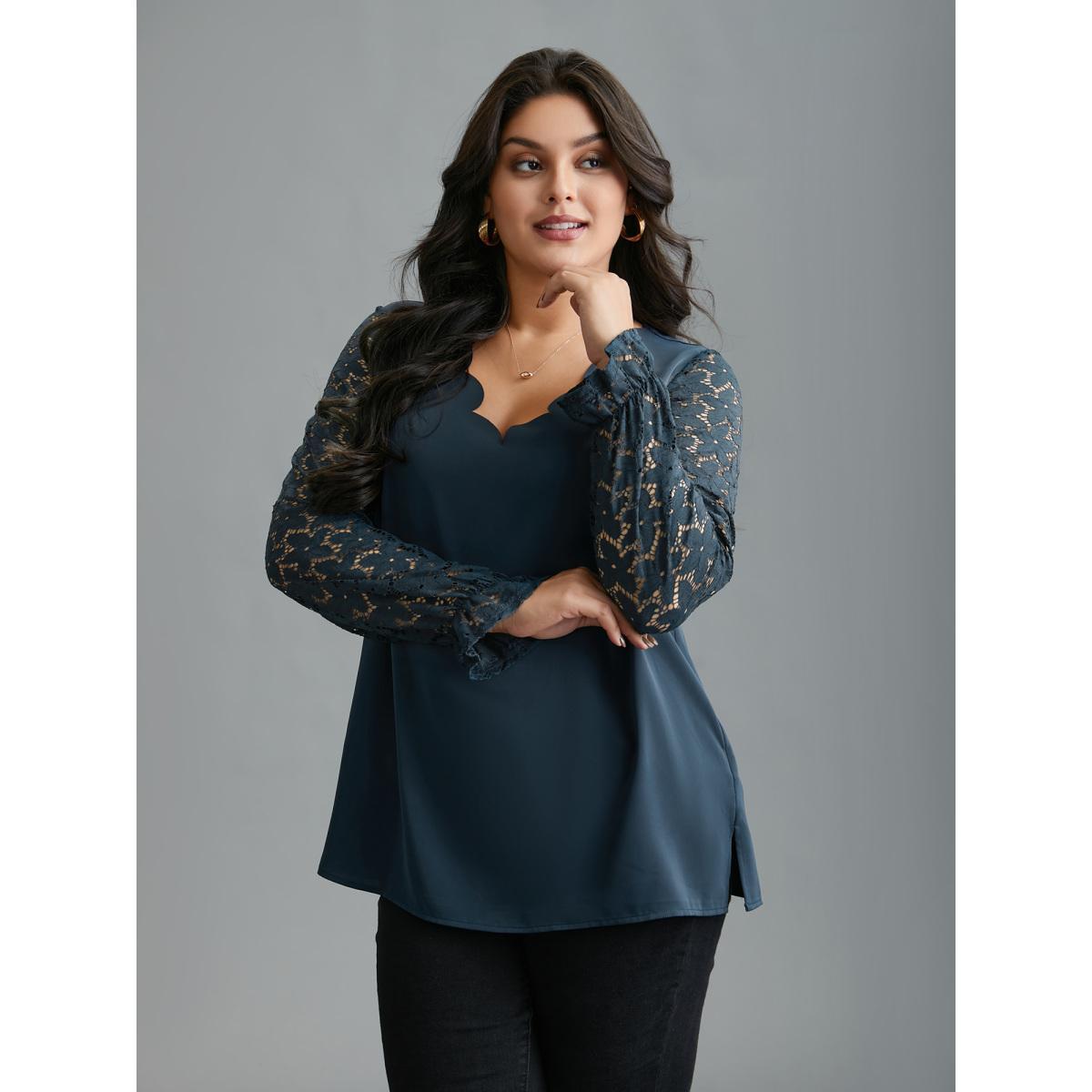 Plus Size Indigo Sheer Floral Sleeve Scalloped Neck Shirt Women Elegant Long Sleeve V-neck Everyday Blouses BloomChic 12/L Product Image