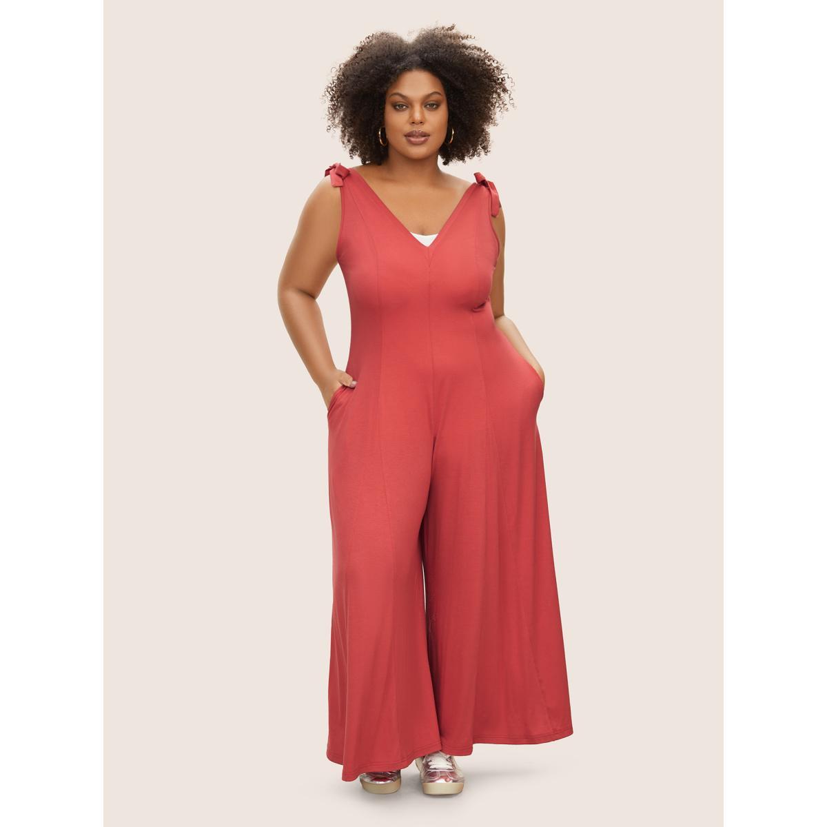 Plus Size OrangeRed Supersoft Essentials V Neck Solid Tie Knot Jumpsuit Women Casual Sleeveless V-neck Everyday Loose Jumpsuits BloomChic 18-20/2X Product Image