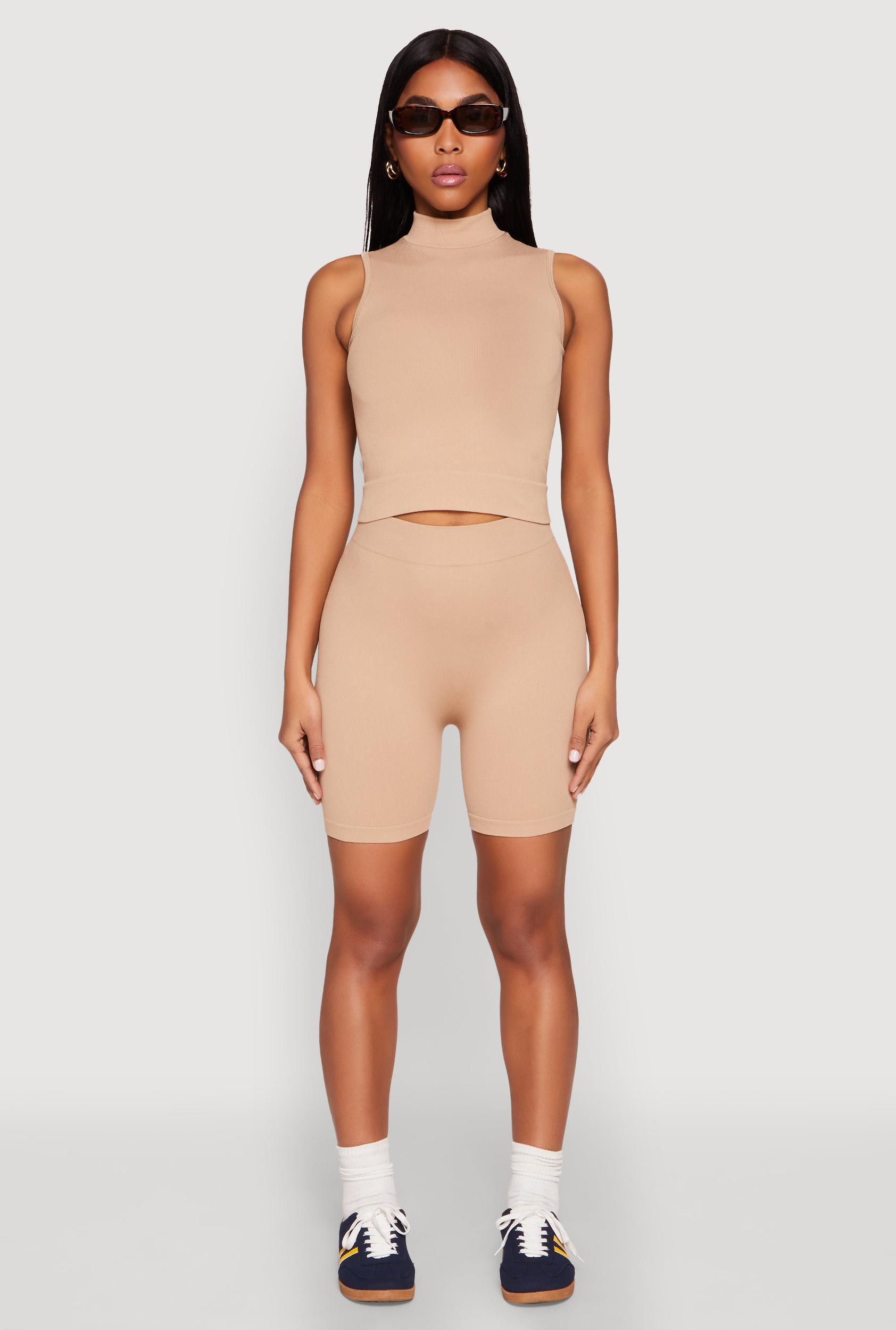 Womens Seamless Rib Knit Mock Neck Tank Top and Biker Shorts Product Image