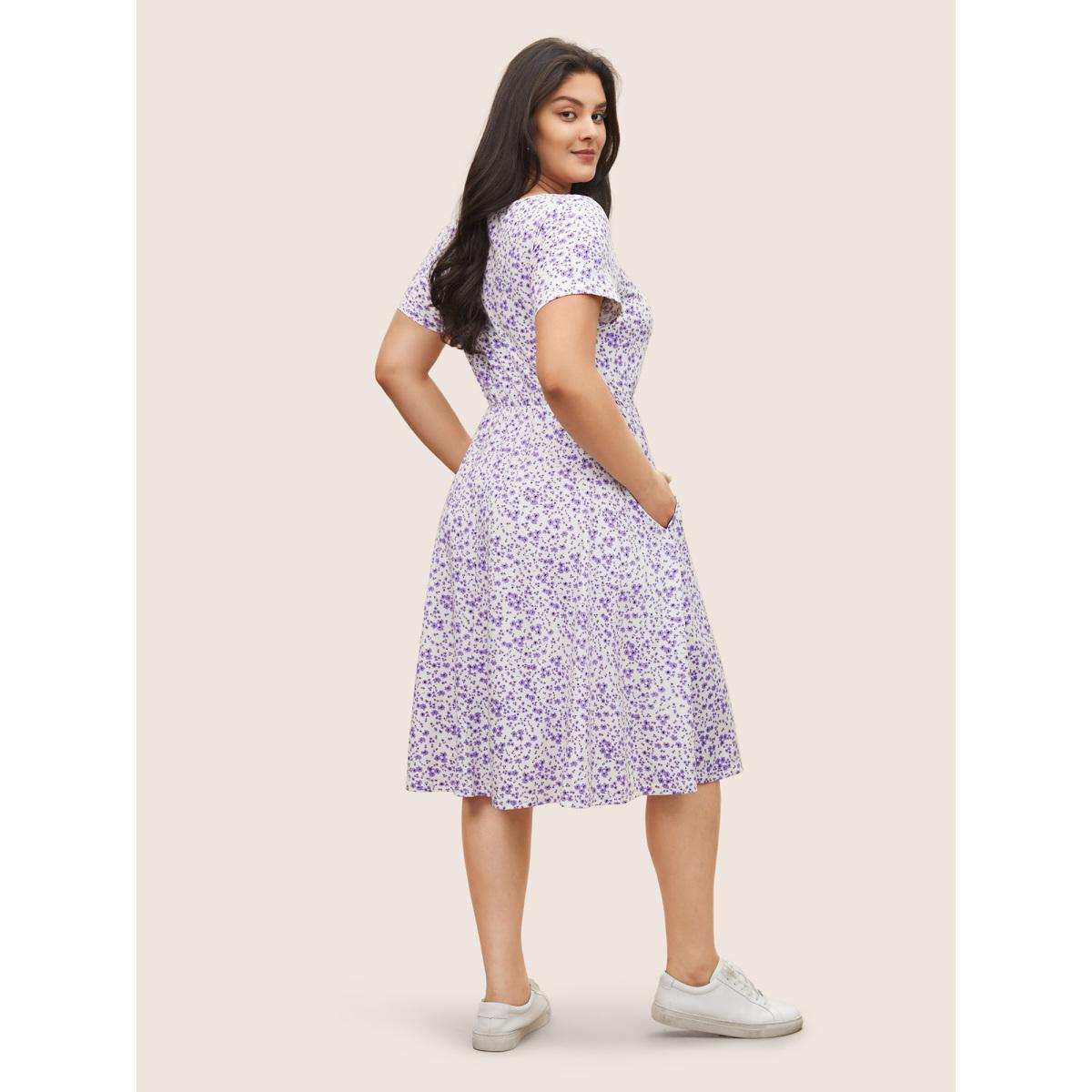 Plus Size Ditsy Floral Elastic Waist Knot Drawstring Dress Lilac Women Casual Non V-neck Short sleeve Curvy Midi Dress BloomChic 14-16/1X Product Image