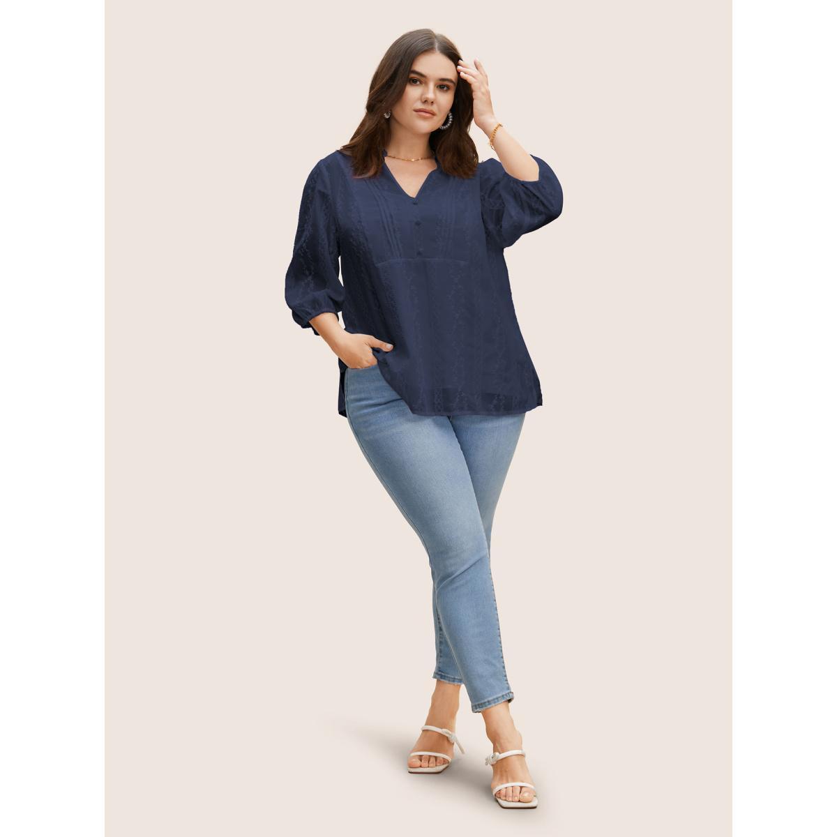 Plus Size Deeppurplered Texture Mesh Button Detail Tucked Seam Blouse Women Elegant Elbow-length sleeve V-neck Everyday Blouses BloomChic 12/L Product Image