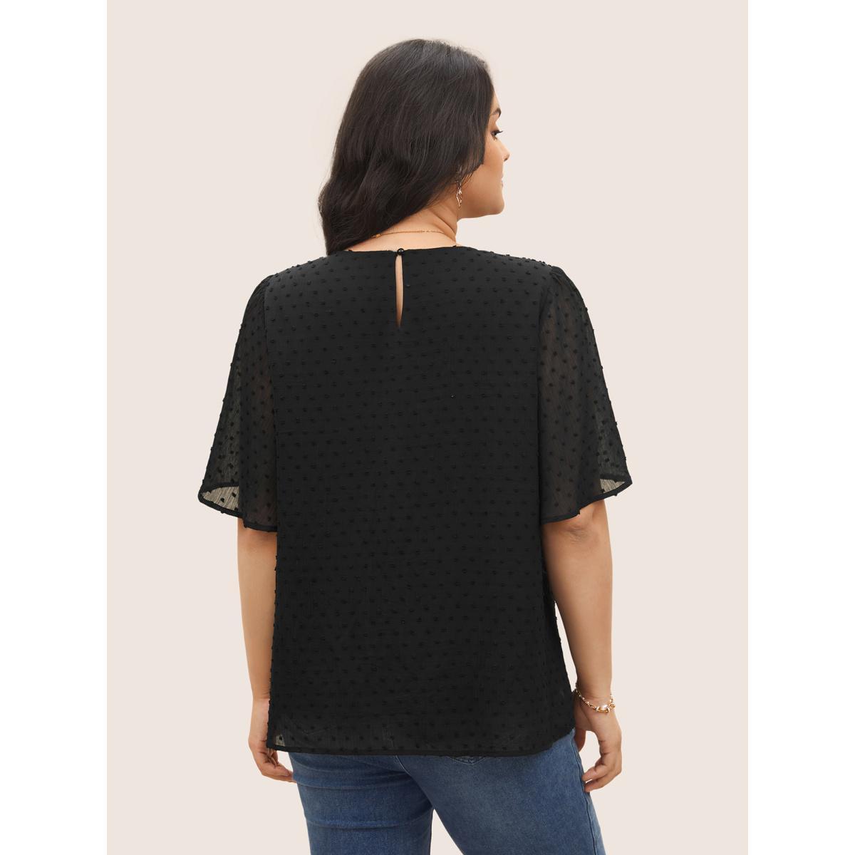 Plus Size Black Solid Texture Lace Trim See Through Gathered Blouse Women Elegant Short sleeve Round Neck Everyday Blouses BloomChic 30/6X Product Image