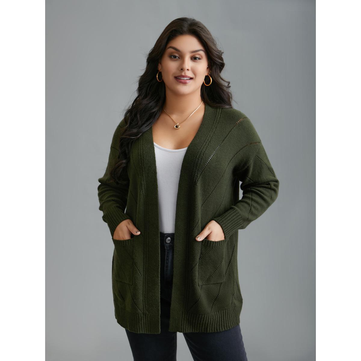 Plus Size Cable Knit Open-Front Pocket Knit Cardigan ArmyGreen Women Casual Loose Long Sleeve Everyday Cardigans BloomChic 14-16/1X Product Image