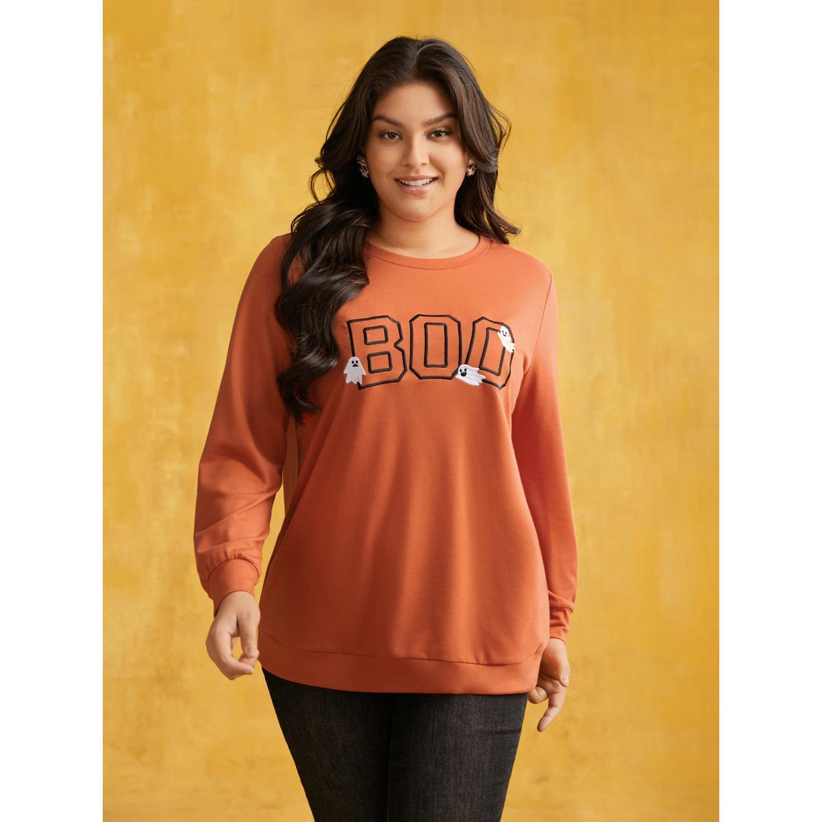Plus Size BOO Spell Printed Crew Neck Sweatshirt Women Brightorange Casual Embroidered Loose Round Neck Everyday Sweatshirts BloomChic 26/4X Product Image