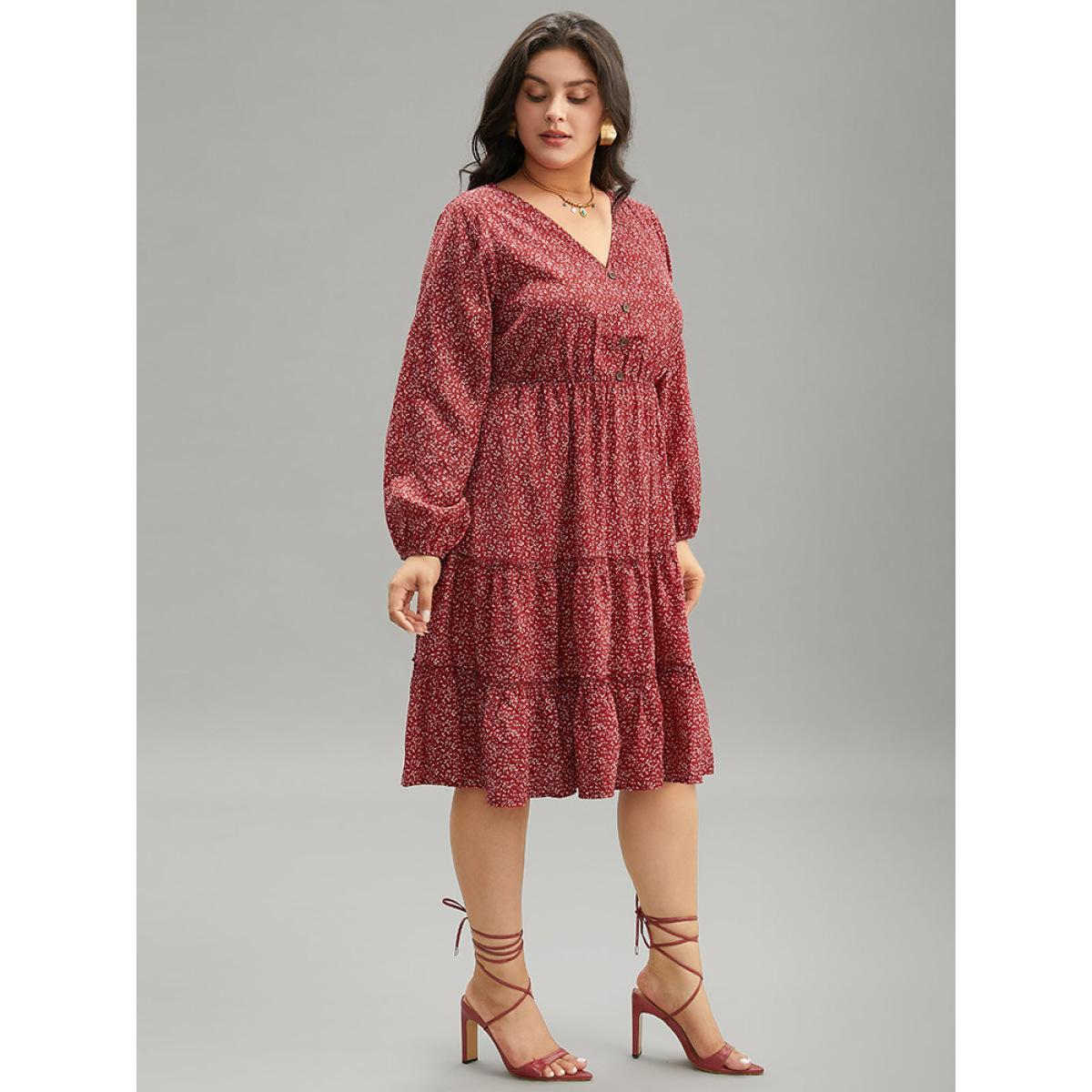 Plus Size Ditsy Floral V Neck Lantern Sleeve Ruffle Layered Hem Dress Scarlet Women Elegant Elastic cuffs V-neck Long Sleeve Curvy Midi Dress BloomChic 30/6X Product Image