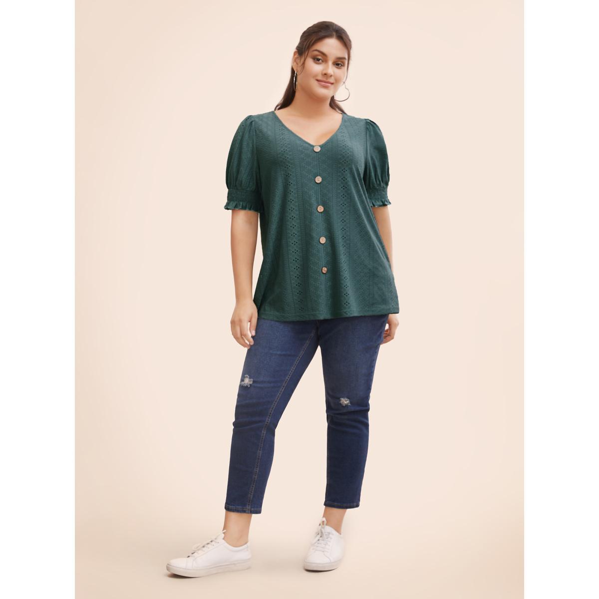 Plus Size Plain Broderie Anglaise Shirred Puff Sleeve Button Detail T-shirt Cyan Women Casual Button Plain V-neck Everyday T-shirts BloomChic 18-20/2X Product Image