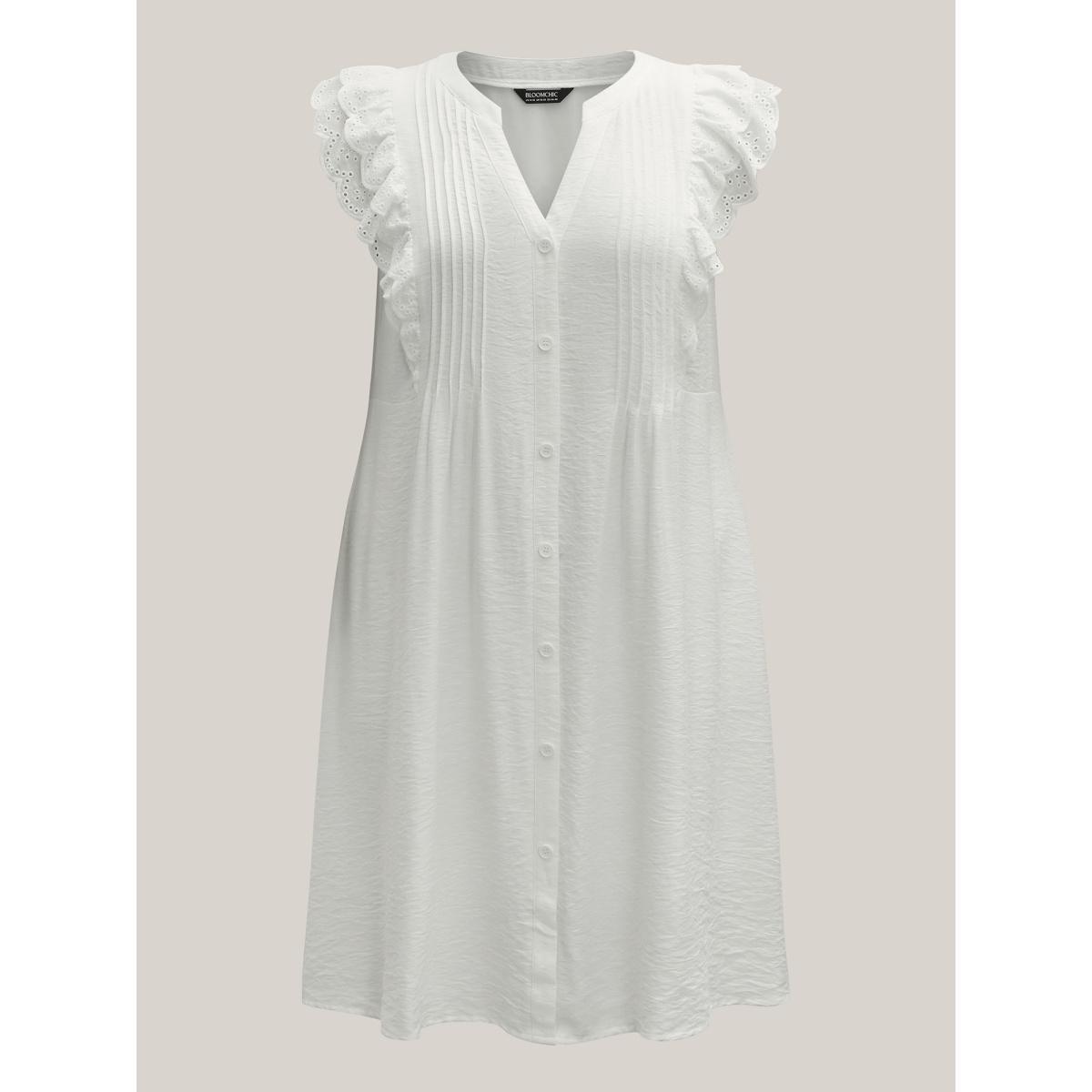 Plus Size Lace Trim Pleated Button Shirt Dress Originalwhite Women Flat collar with V-notch Cap Sleeve Curvy BloomChic 14-16/1X Product Image