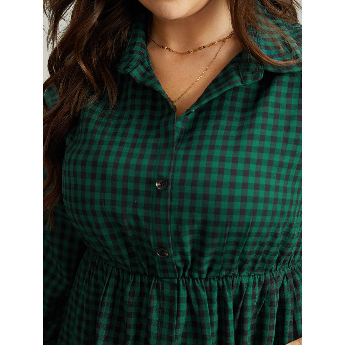 Plus Size Gingham Pocket Button Up Elastic Waist Dress DarkGreen Women Casual Elastic cuffs Shirt collar Long Sleeve Curvy Midi Dress BloomChic 28/5X Product Image