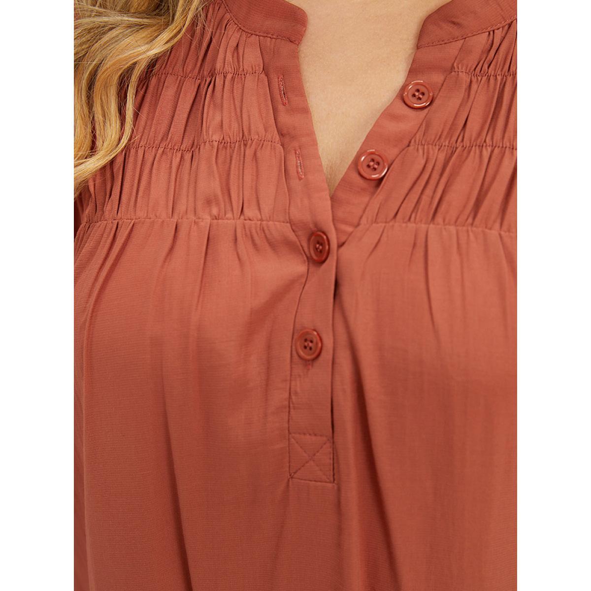 Plus Size Chocolate Plain Notched Button Through Elastic Cuffs Shirred Blouse Women Office Elbow-length sleeve V-neck Work Blouses BloomChic 10/M Product Image
