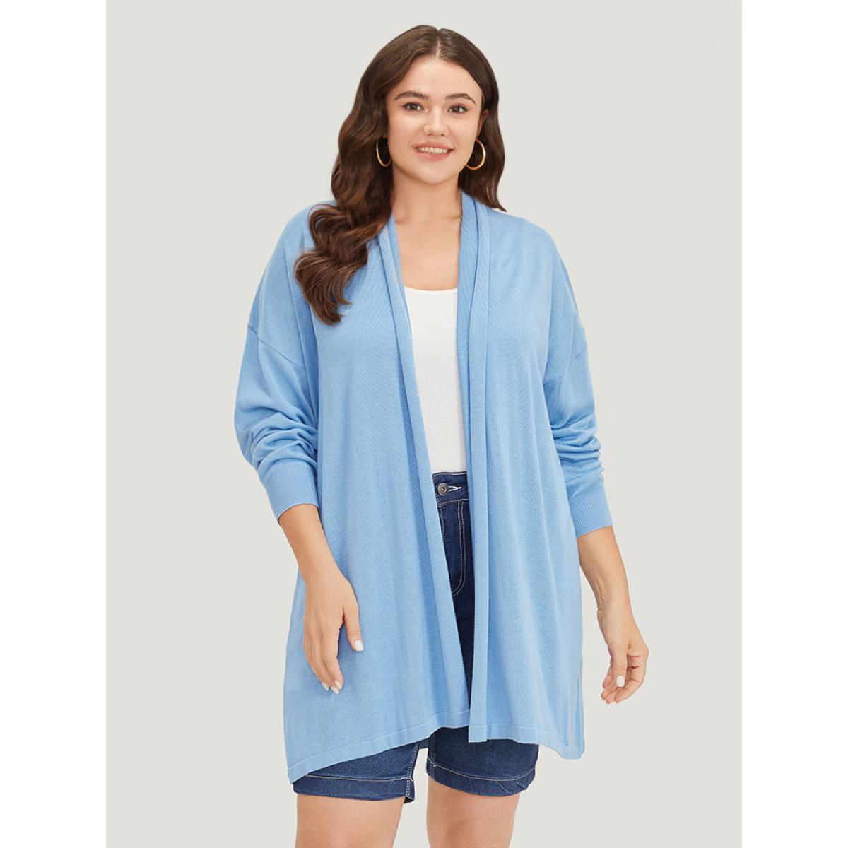 Plus Size Supersoft Essentials Plain Drop Shoulder Lapel Collar Cardigan LightBlue Women Casual Loose Long Sleeve Everyday Cardigans BloomChic 22-24/3X Product Image