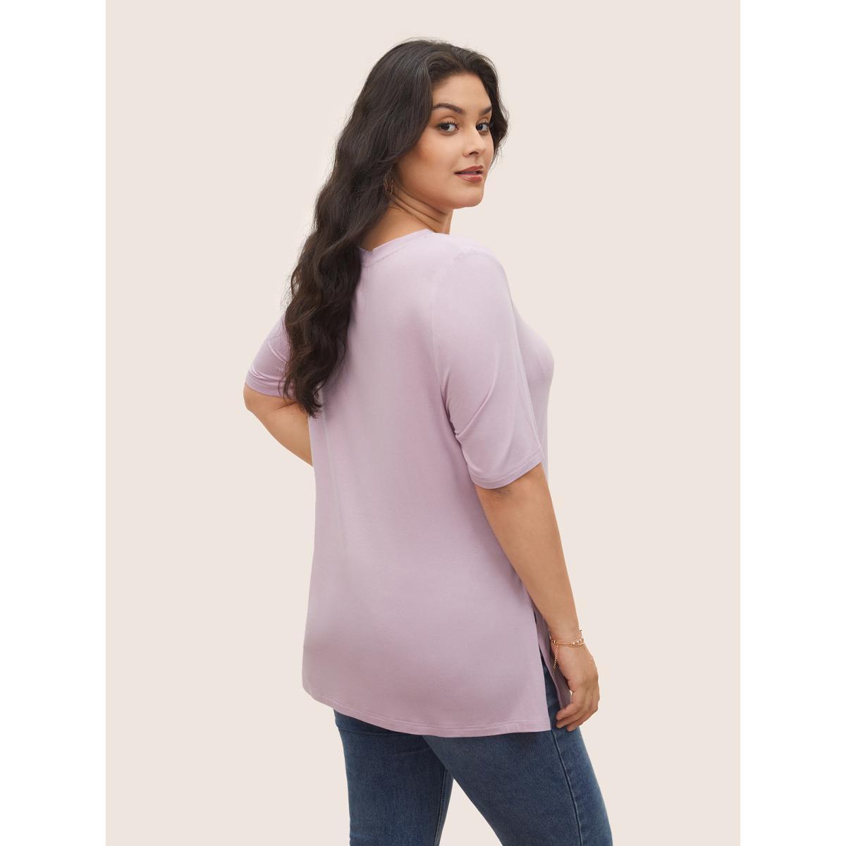 Plus Size Supersoft Essentials Solid Split Hem T-shirt Pink Women Casual Non Plain V-neck Everyday T-shirts BloomChic 18-20/2X Product Image