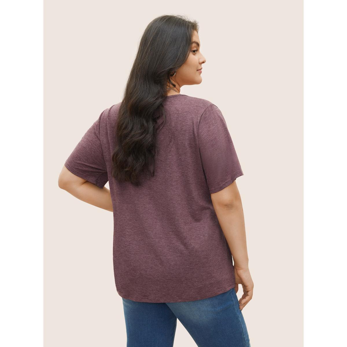 Plus Size Solid Pleated Front Button Detail V Neck T-shirt Mauve Women Casual Button Plain Everyday T-shirts BloomChic 12/L Product Image