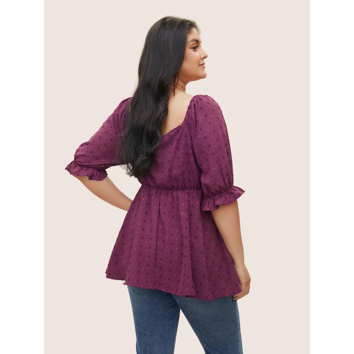 Plus Size Purple Solid Texture Ruffles Ties Elastic Waist Blouse Women Elegant Half Sleeve Square Neck Everyday Blouses BloomChic 28/5X Product Image