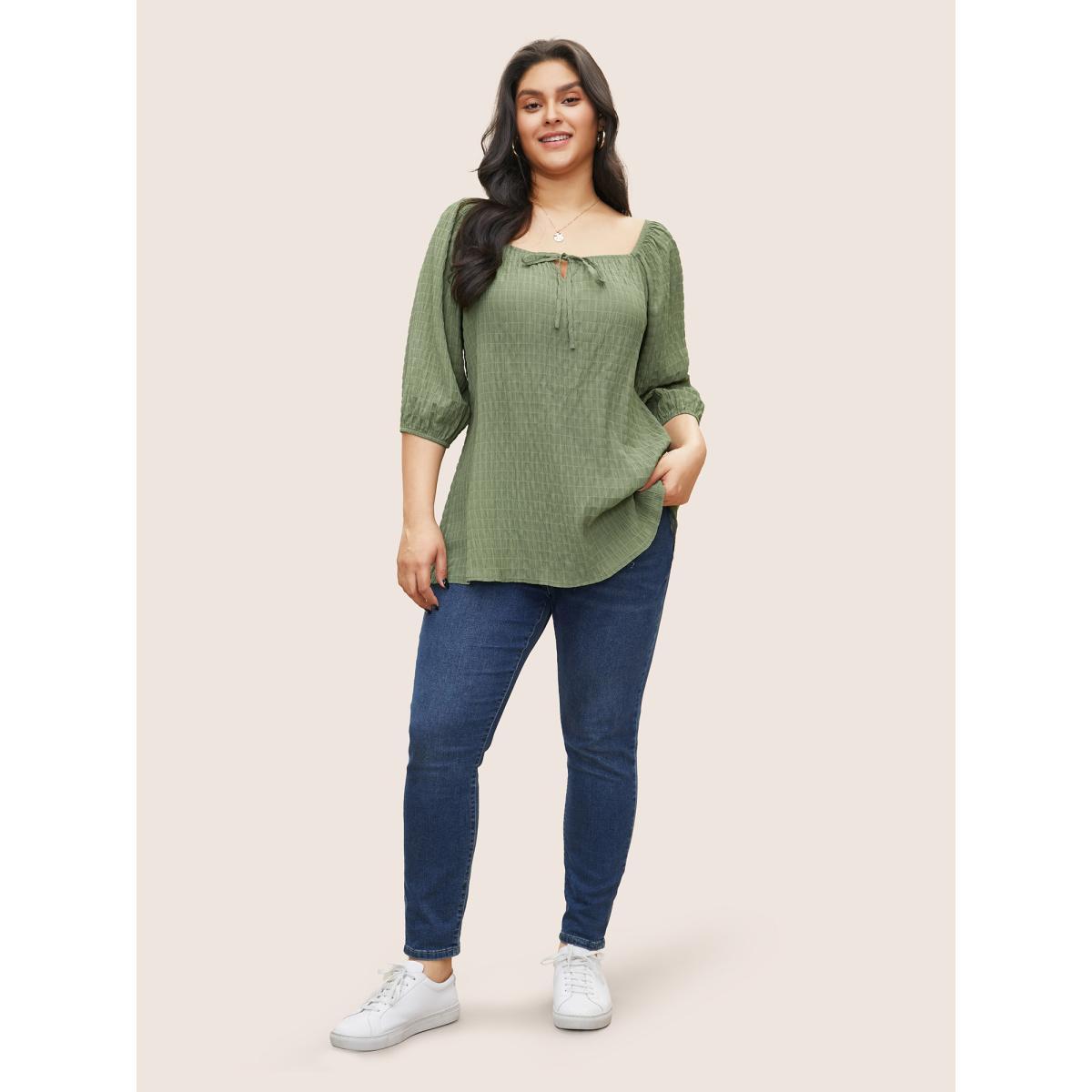 Plus Size Mint Plain Textured Gathered Ties Knot Neck Blouse Women Casual Half Sleeve Square Neck Everyday Blouses BloomChic 18-20/2X Product Image