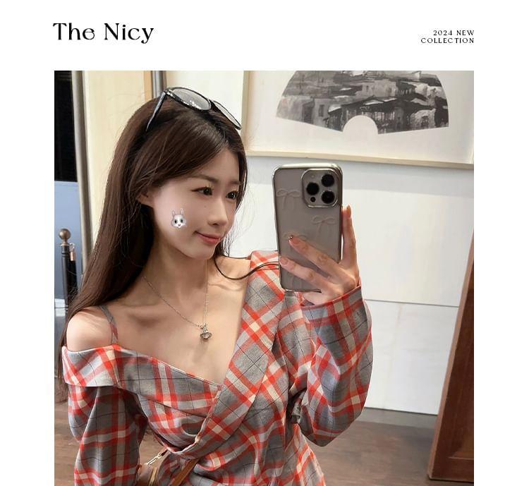 Long Sleeve Cold Shoulder Plaid Ruched Wrap Blouse Product Image