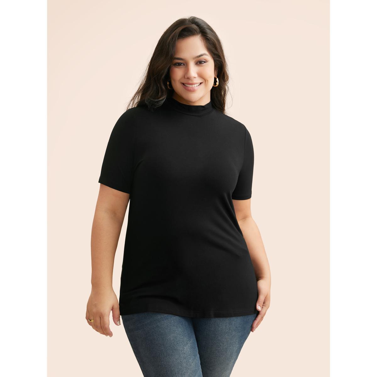 Plus Size Supersoft Essentials Solid Mock Neck T-shirt Black Women Casual Non Mock Neck Skinny Everyday T-shirts BloomChic 12/L Product Image
