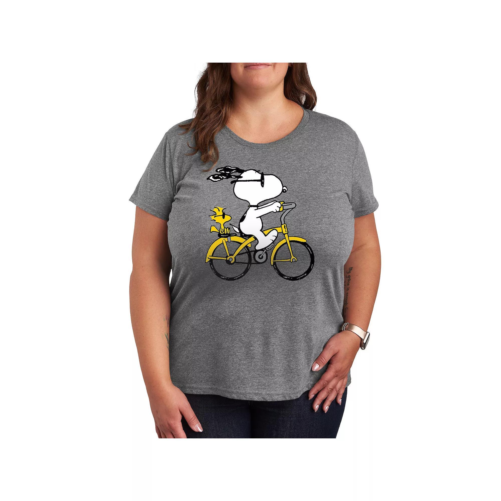 Plus Peanuts Snoopy & Woodstock Riding Bike Graphic Tee, Womens Grey Gray Product Image