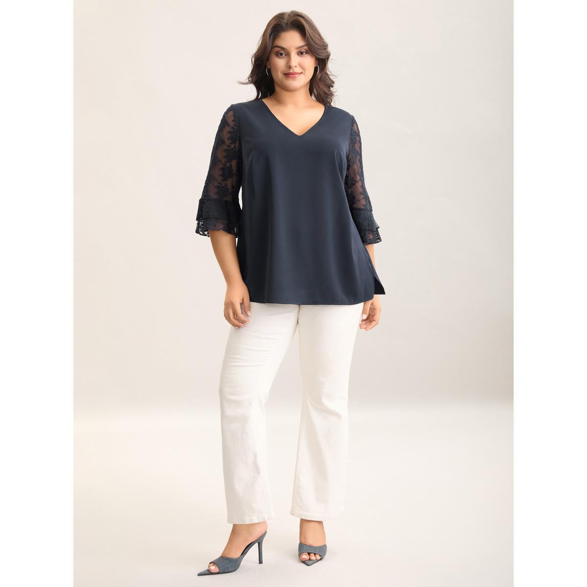 Plus Size Indigo Sheer Textured Sleeve V-Neck Blouse Women Elbow-length sleeve V-neck Everyday-Elegant Blouses BloomChic 14-16/1X Product Image