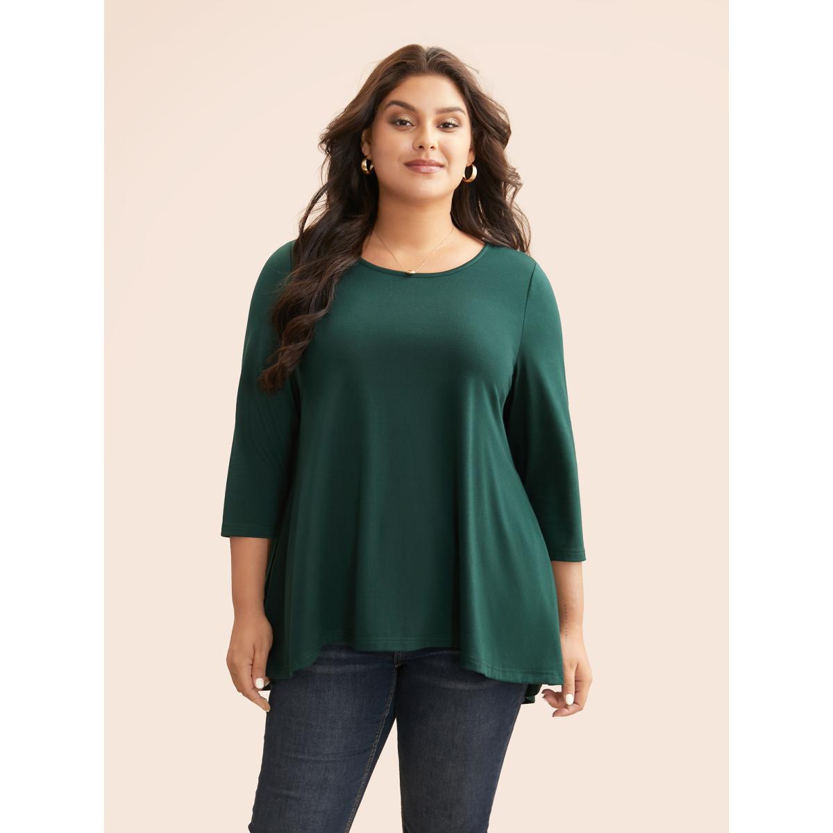 Plus Size Solid Crew Neck Medium Stretch T-shirt DarkGreen Women Casual Non Round Neck Everyday T-shirts BloomChic 12/L Product Image