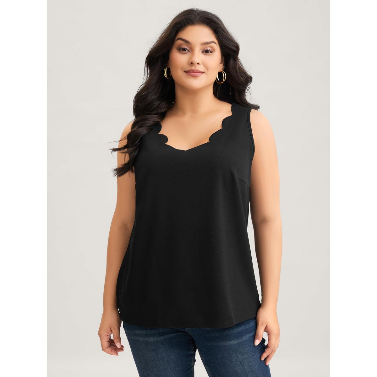 Plus Size Solid V Neck Laser Cut Tank Top Women Black Elegant Non V-neck Everyday Tank Tops Camis BloomChic 14-16/1X Product Image