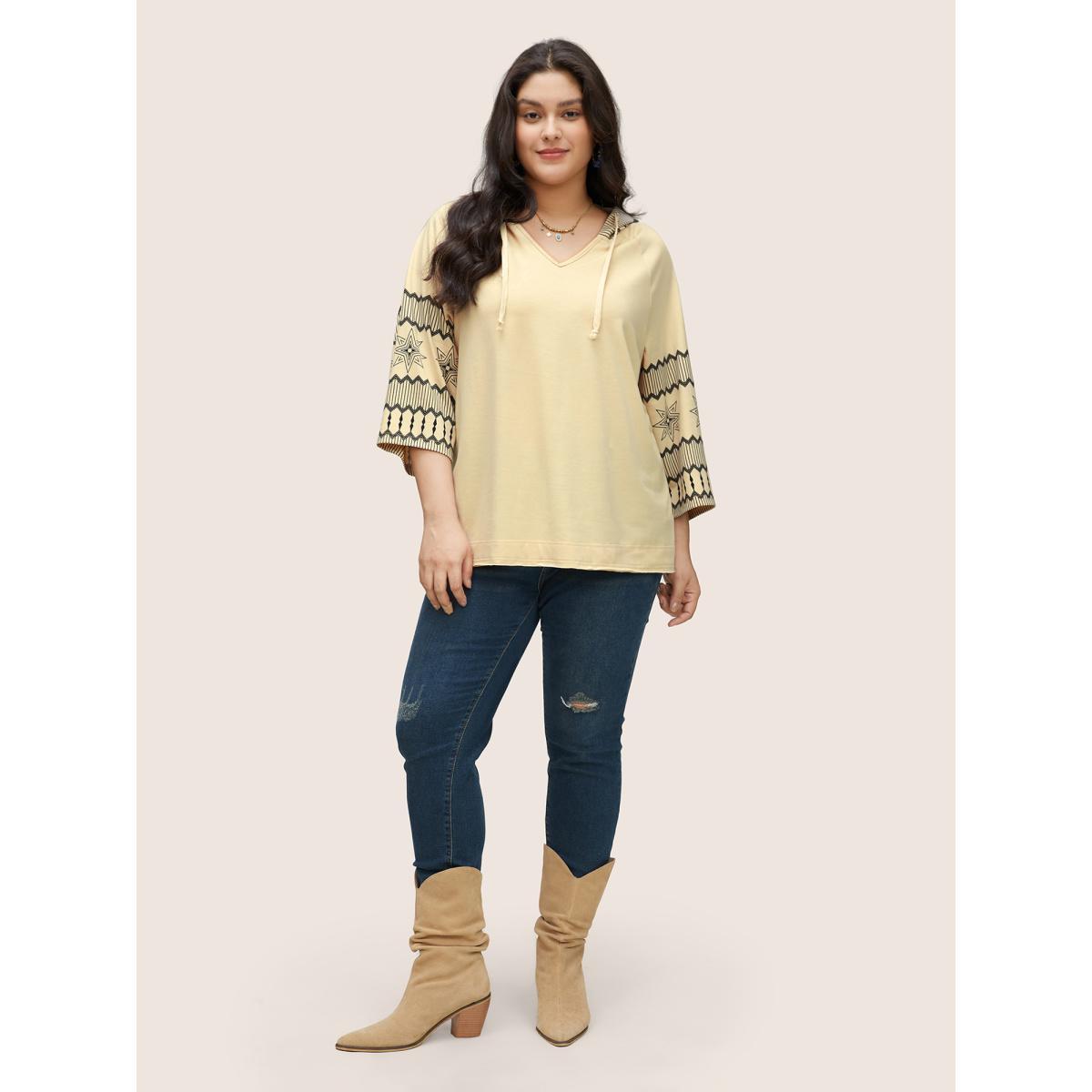 Plus Size Geometric Hooded Raglan Sleeve Sweatshirt Women Champagne Resort Non Hooded Vacation Sweatshirts BloomChic 18-20/2X Product Image