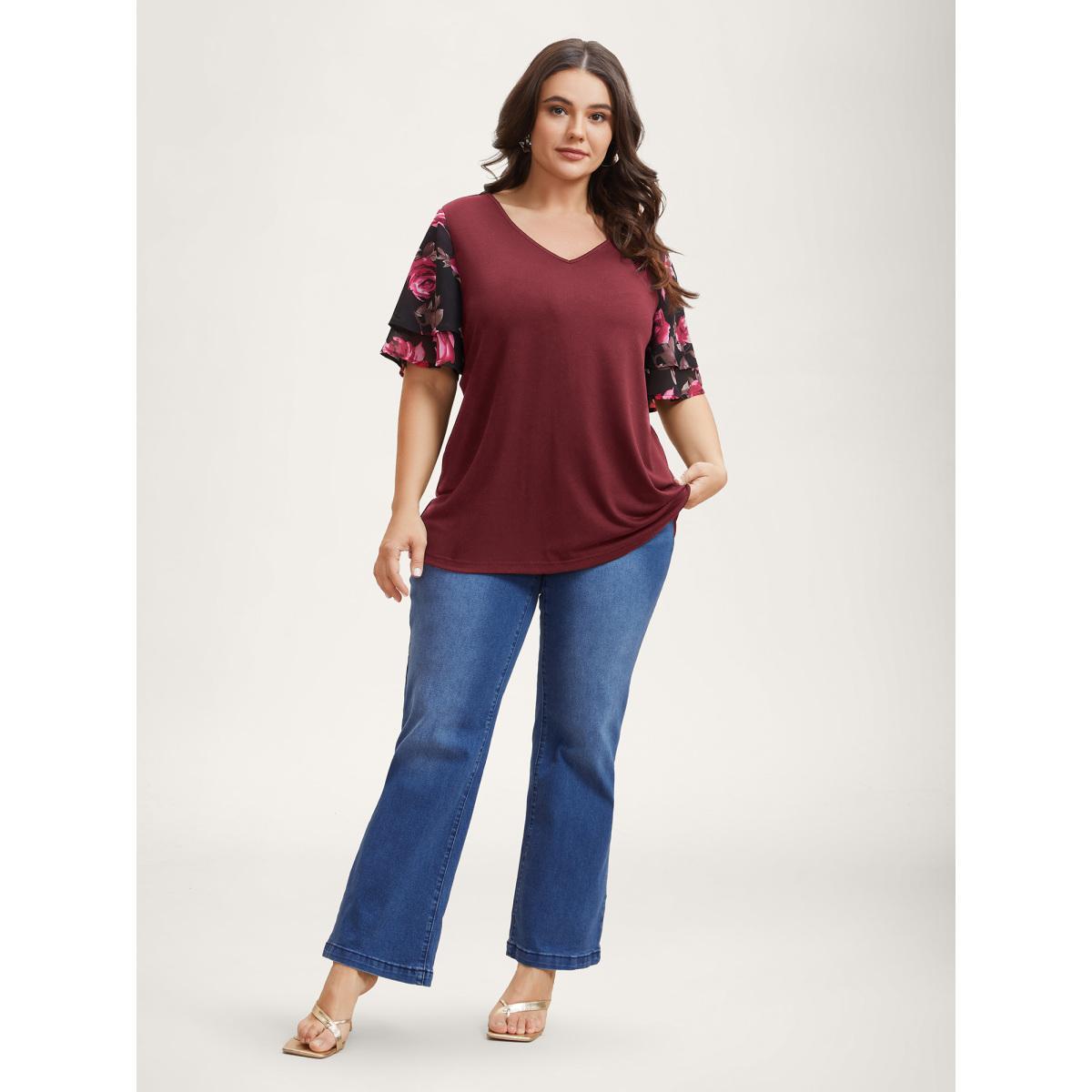 Plus Size Stretchy Floral Lotus Sleeve V-Neck T-Shirt Burgundy Women Casual Contrast Round Neck Everyday T-shirts BloomChic 26/4X Product Image